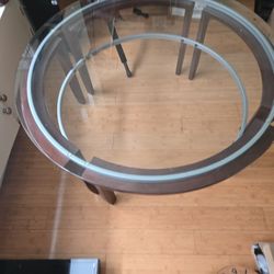 Modern Round Glass Coffee Table with Dark Wood Base – $50 OBO
