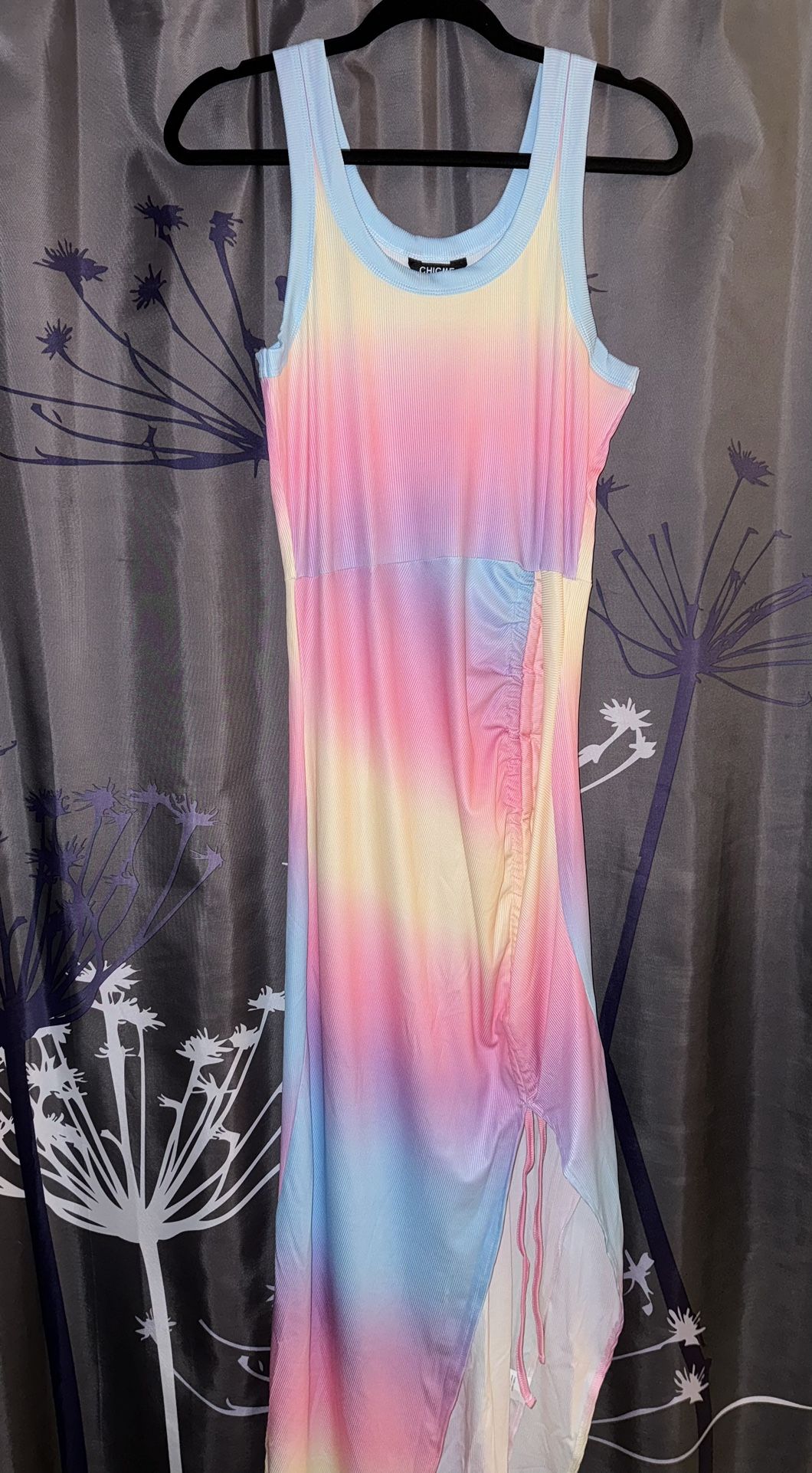 New. Women’s Size Large Rainbow Ribbed Sleeveless Drawstring Ruched Summer Dress With Slit