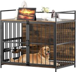 Furniture Style Large Dog Crate with 360° & Adjustable Raised Feeder for Dogs with 2 Stainless Steel Bowls