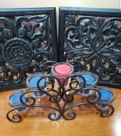 Two Beautiful Decorative Black Wooden Wall Art (12×12) Featuring Scrollwork Carvings Over Mirror Backing Plus Vintage Black Metal Votive Candle Holder