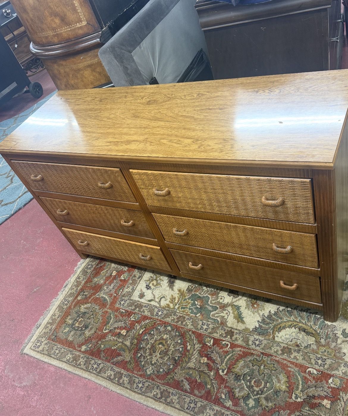 Mid-Century Style 6-Drawer Dresser with Mirror & Woven Rattan Fronts