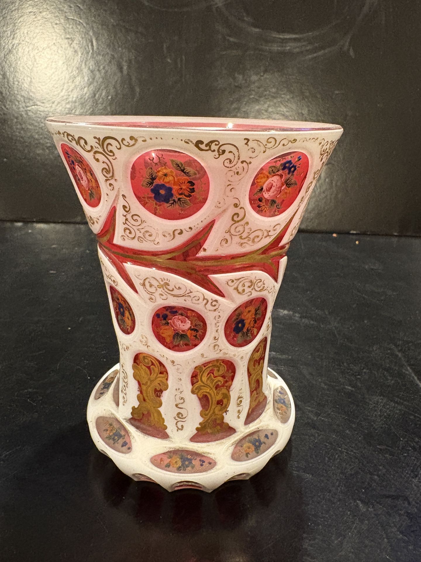Vintage Bohemian Glass Vase White Cut To Red Cranberry Colored Hand Painted Excellent Condition 4.5” Tall and 4” Across at top