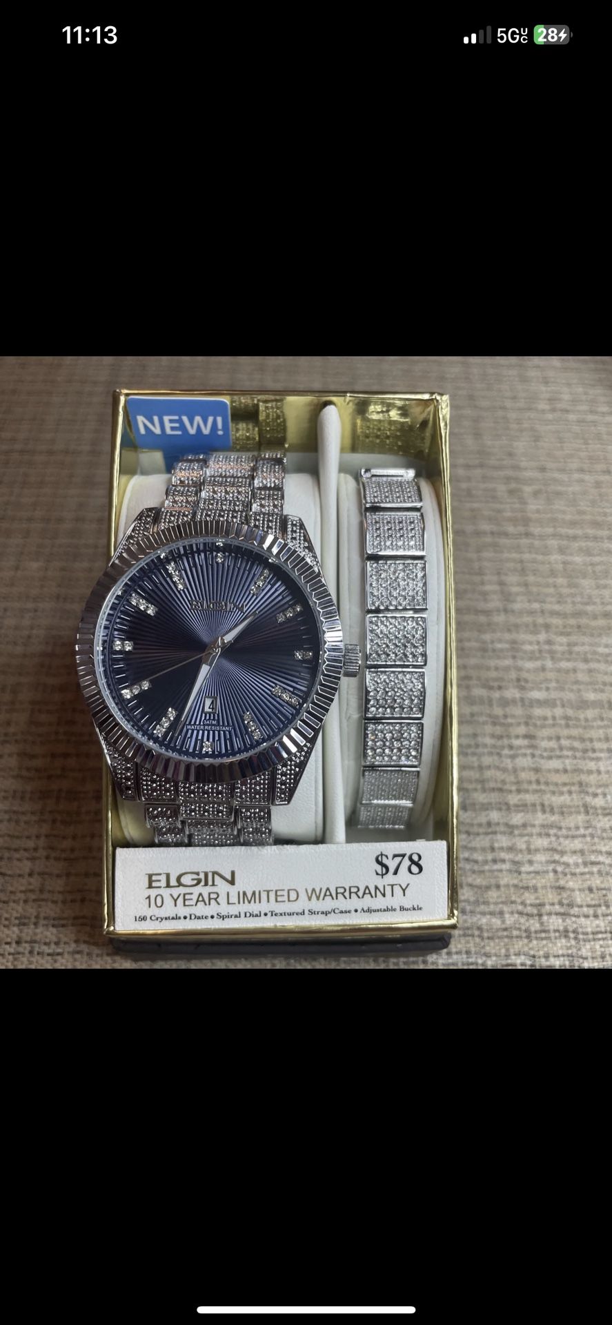 Elgin Men's Watch & Bracelet Set Silver Tone with 150 Crystals -FG180012ST- NEW!