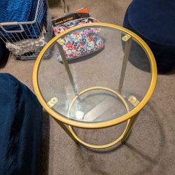 Glass Coffee Table And End Table And Blue Ottoman 