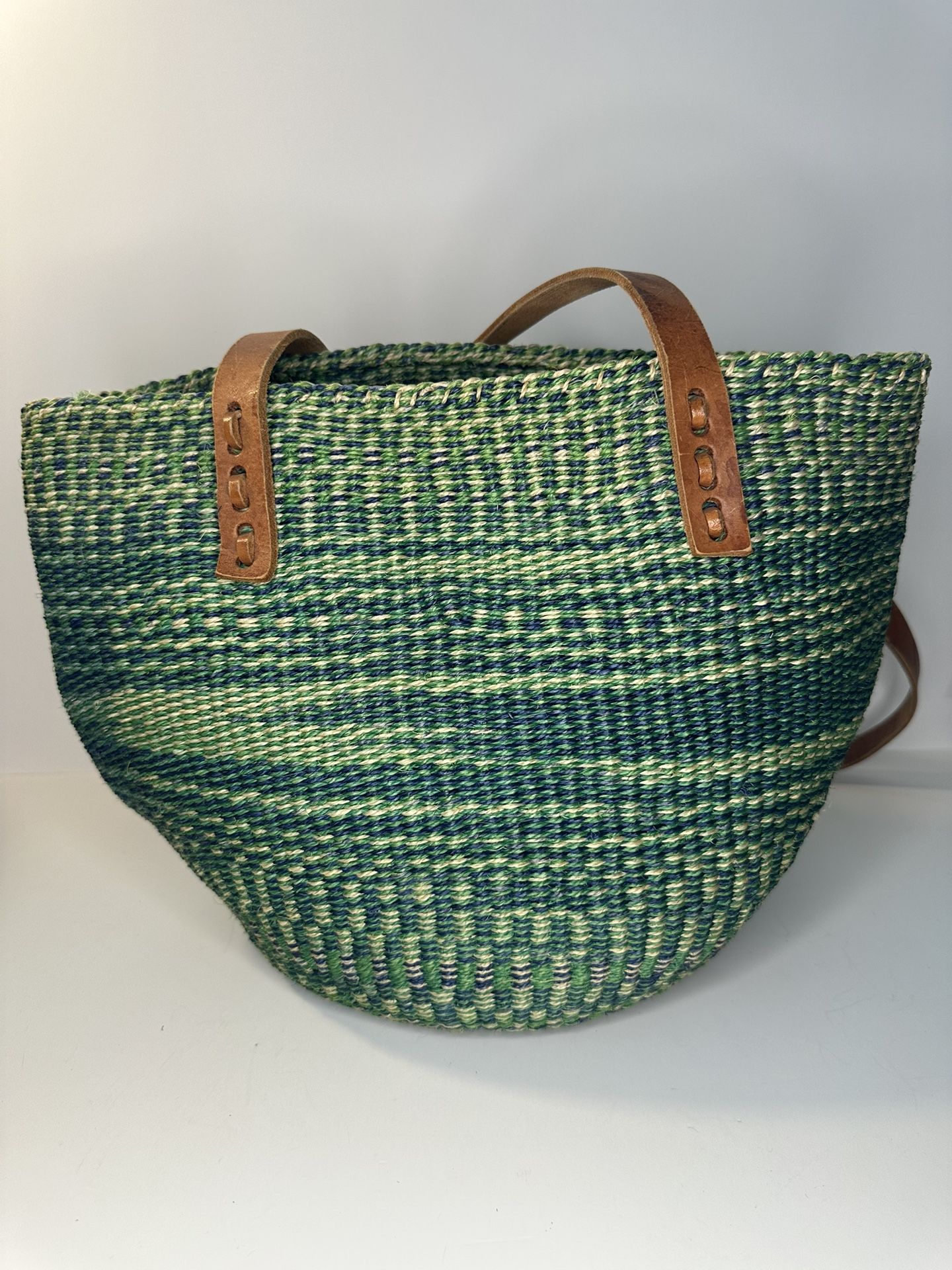Handwoven Green Straw Tote Bag with Leather Handles