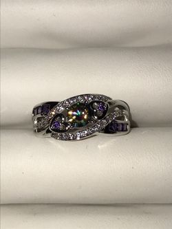 Size 8 mystic topaz and amethyst silver ring