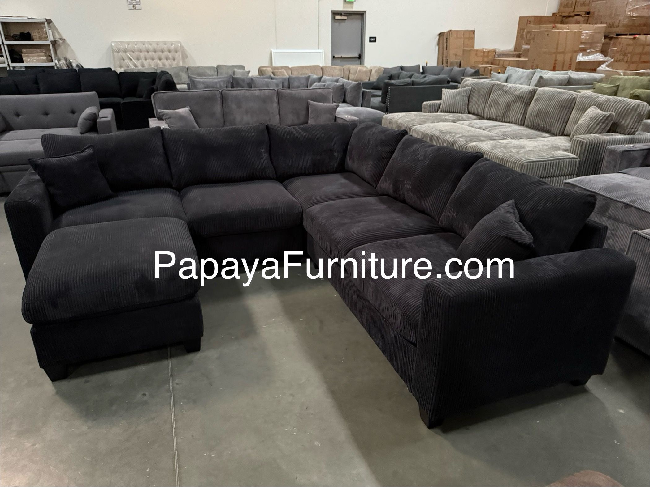 New! Black Sectional Sofa And Ottoman, Black Couch, Black Corduroy Sectional. L-Shaped Sofa, Couch, Sectionals, Black Sofa, Black Sectional,Plush Sofa