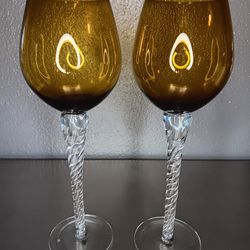 Vintage Set Of 2 Tall Amber Glass Wine Goblets With Twisted Stem 11.5" Tall.