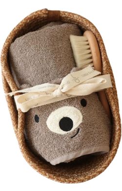 Baby Gift Set for Birth - 3-Piece Set with Hooded Towel Teddy Made of Organic Cotton GOTS Certified, Natural Hair Brush & Handmade Storage Basket - Fi