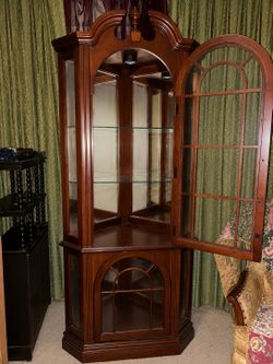 Cherry Wood Lighted Corner Curio Display Cabinet