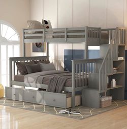 Gray Twin Over Full Bunk Bed with Stairs, 3 drawer Storage and bookshelf