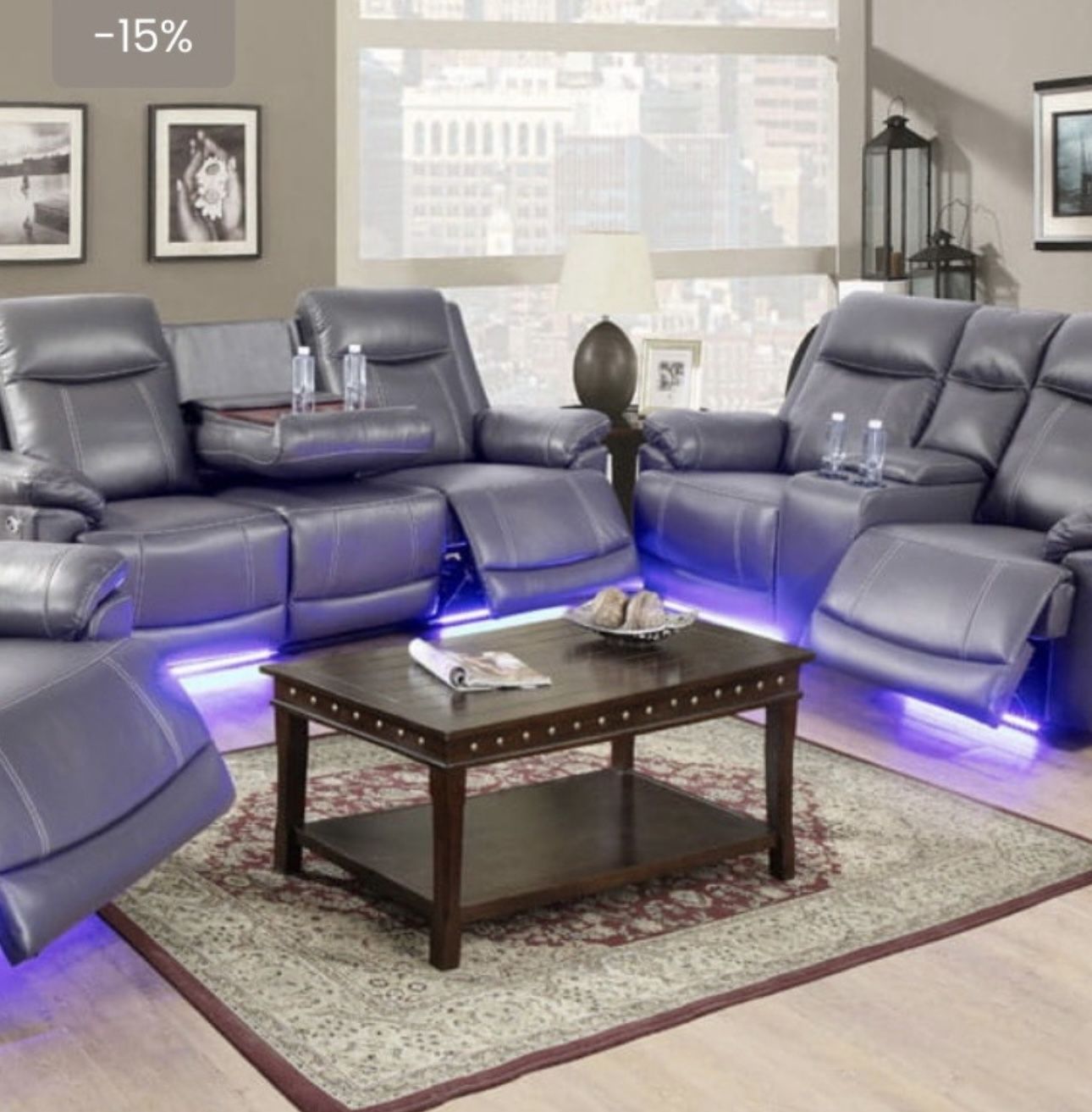 New Power Electric Gray Leather Fully Reclining Couch Set