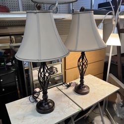 Set of 2 Table Lamps Bronze Spiral Cage Design Like New
