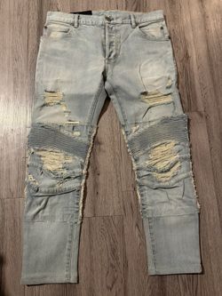 Balmain Biker Moto Distressed Jeans – Light Wash – Size 32 