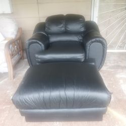 Black Leather Comfort Chair With Footstool 