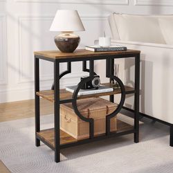 End Table, Narrow Side Table with 3-Tier Storage Shelves, Wood Sofa Side Table with Geometric Metal Frame for Living Room, Industrial Bedside Nightsta