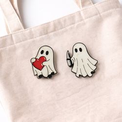 Cute Ghost Enamel Pin Set (2pc) – Heart & Knife Halloween Pins – Spooky Kawaii Lapel Pins
