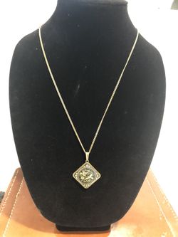 Vintage Damascene Flower Bird Motif Filigree Pendant Necklace Gold plated