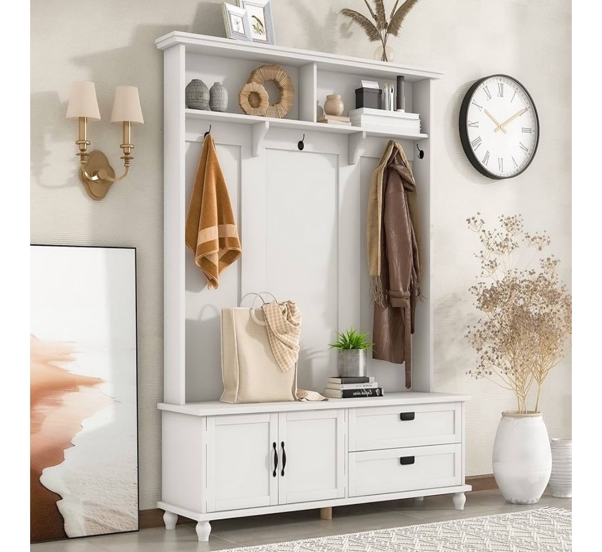 Modern Entryway Tree with Bench, Coat Rack, Cabinet, Shoe Storage, 2 Drawers, 5 Hooks, White