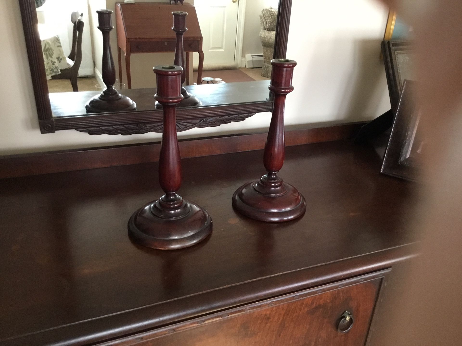 ANTIQUE MAHOGANY WOODEN CANDLESTICKS-$55