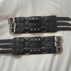 Set Of Black Leather Wrist Cuffs 