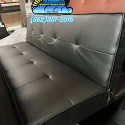 All Black Foldable Futon Sofa Bed Faux Leather 