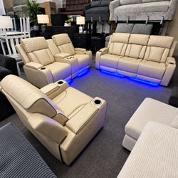 3-Piece Living Room Leather Reclining Sofa Set with LED Lighting