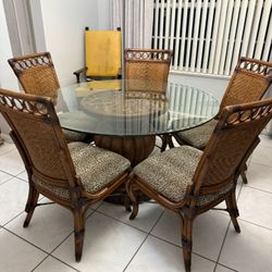 Bamboo Dining Set With Glass Top Round Table W/ 5 Bamboo Chairs 