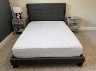 Gray Upholstered Full Platform Bed Frame and Mattress