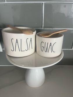 Rae Dunn Salsa & Guacamole dishes with spoons