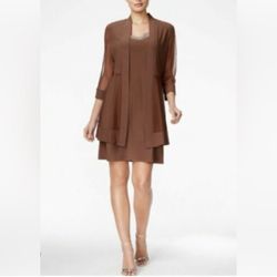 R & M Richards Embellished Women's Dress & 3/4-Sleeve Jacket Brown