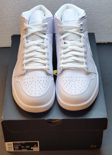Nike Air Jordan 1 Mid (2022) Shoes Triple White 554724-136 Men's 12 new