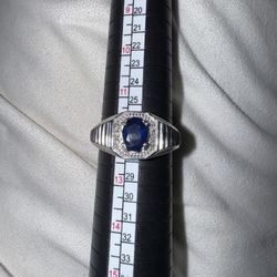 Vintage Men's Sterling Oval Blue Sapphire & Diamond Ring with Halo, size 13 