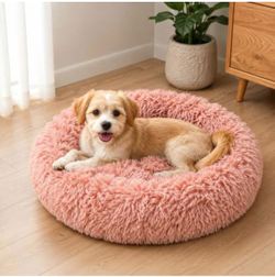 Round Plush Pet Bed Pink Donut Style