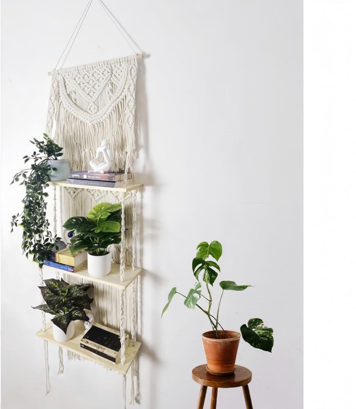 Macrame Wall Hanging Shelf- 3 Tier Boho Shelves, Handmade Woven Floating Plant Shelf, Bohemian Home Decor,Shelf organizer for Kitchen, Bathroom, Bedro