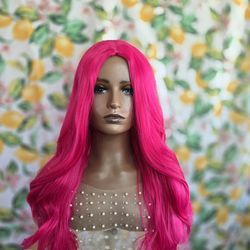 24" magenta pink synthetic hair wig new wavy layers  middle part lace