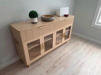 59” Natural Wood Fluted Sideboard Buffet Cabinet – Glass Doors & Drawers