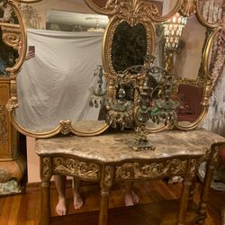 Beautiful mirror with heavy marble & antique scale  MIRROR SIZE 70”x50” stand 62”x21”x36”