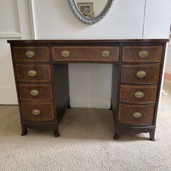 Vintage Wood Desk / Vanity – Solid Wood, 9 Drawers, Beautiful Grain 