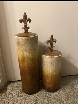 Rustic Heavy Ceramic Set Of Two Vases With Metal Lids