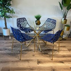 Navy Blue Gold Modern Glass Dining Set 