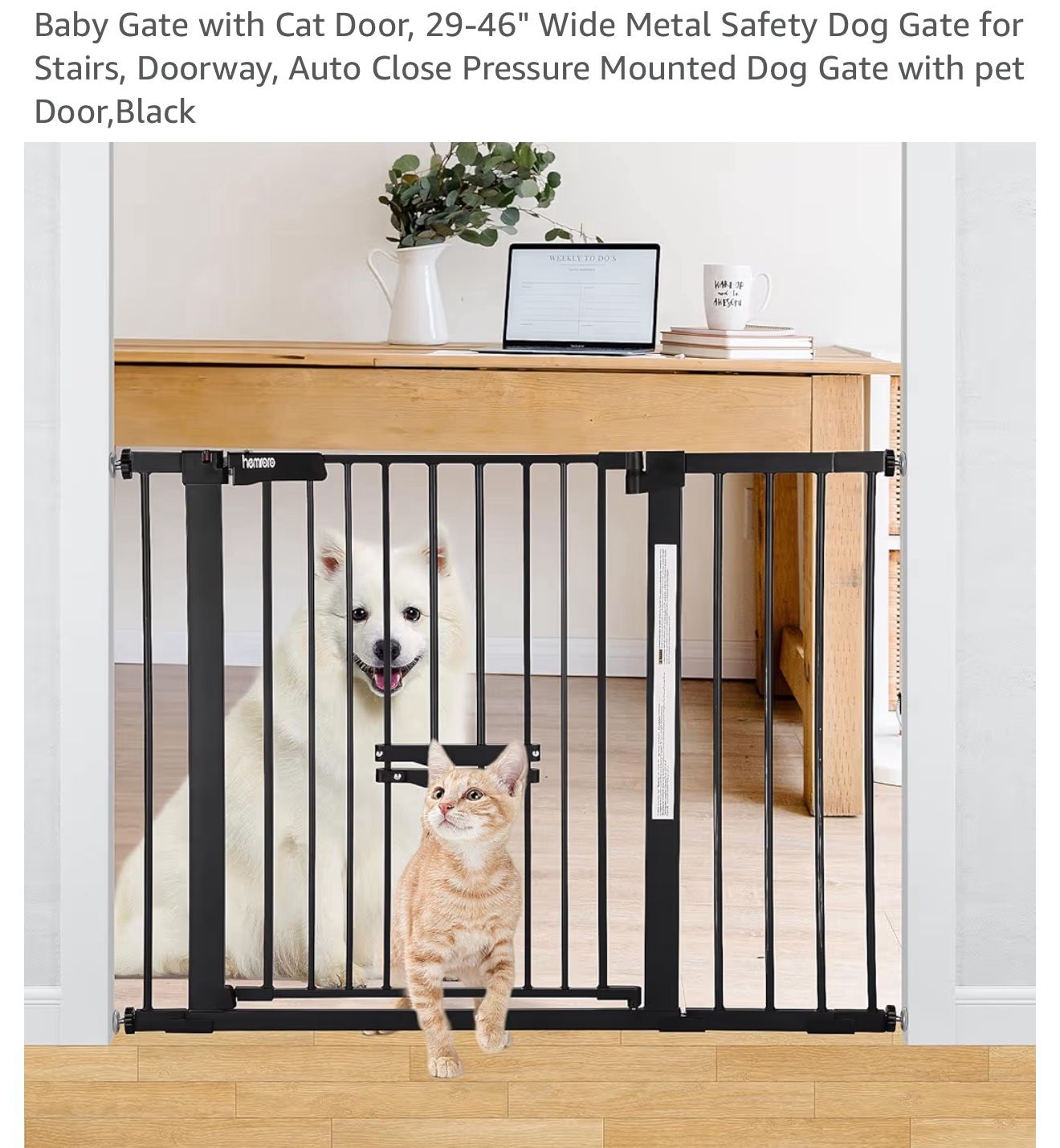 Baby Gate with Cat Door, 29-46" Wide Metal Safety Dog Gate for Stairs, Doorway, Auto Close Pressure Mounted Dog Gate with pet Door