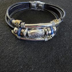 Faux Leather Stainless Steel Double Buckle Bracelet 