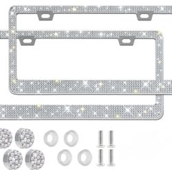 2PCS Bling License Plate Frame Glitter Crystal  Diamond Caps.