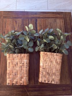 Woven Rattan Baskets with Faux Eucalyptus Set of 2