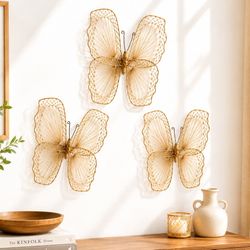 Vintage Set 3 Boho Woven Butterfly Wall Art Natural Rattan Fiber Decor Sculptural Mid Century Hanging 
