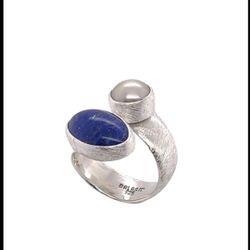 Bal-28 Balaam Sterling Silver Freshwater Pearl & Lapislázuli Bypass Adjustable Ring Brushed