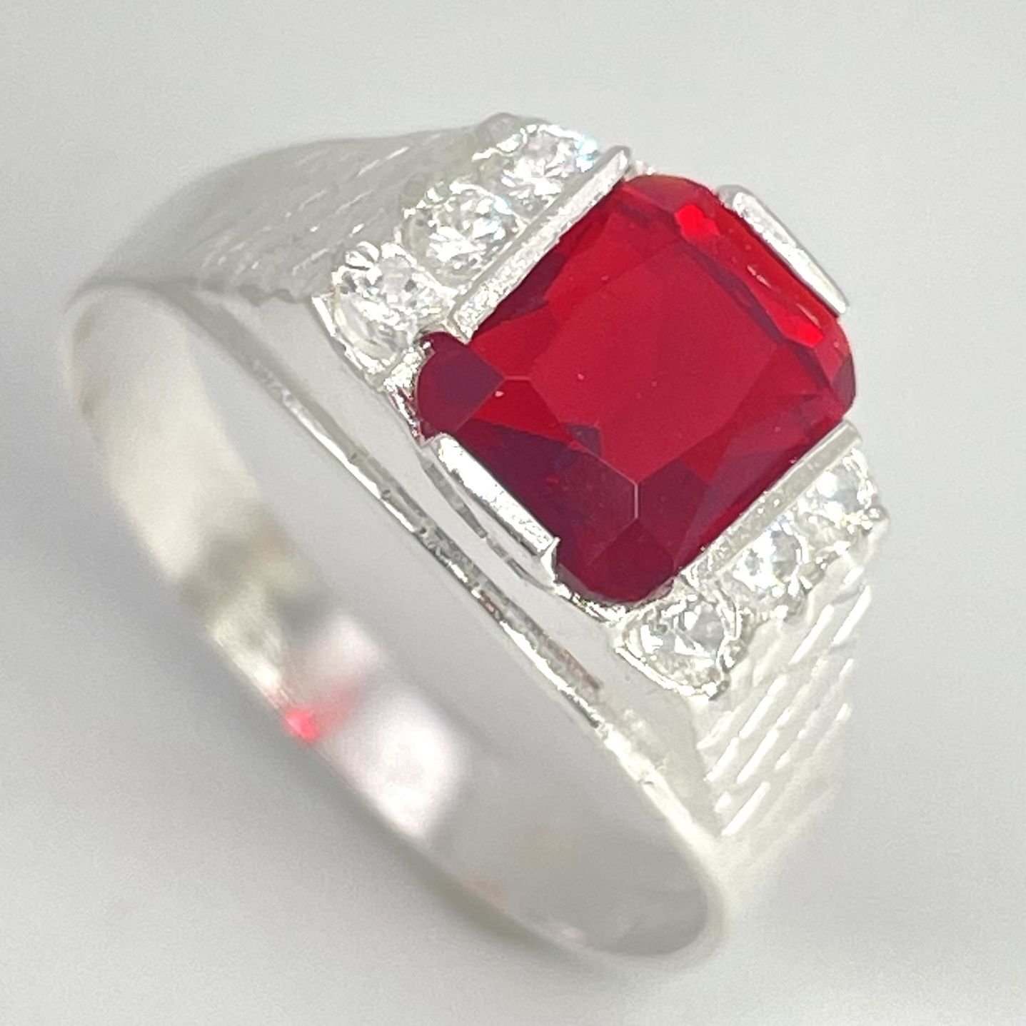 925 Sterling Silver Red CZ Rectangular Men’s Ring – Vintage Style with Accents
