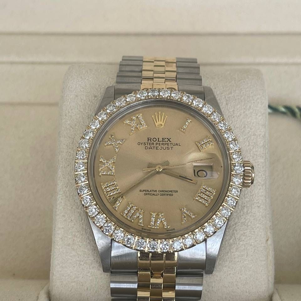 Rolex Datejust 36mm 18k yellow gold and stainless steel vvs flower set diamond bezel champagne Roman diamond dial jubilee band