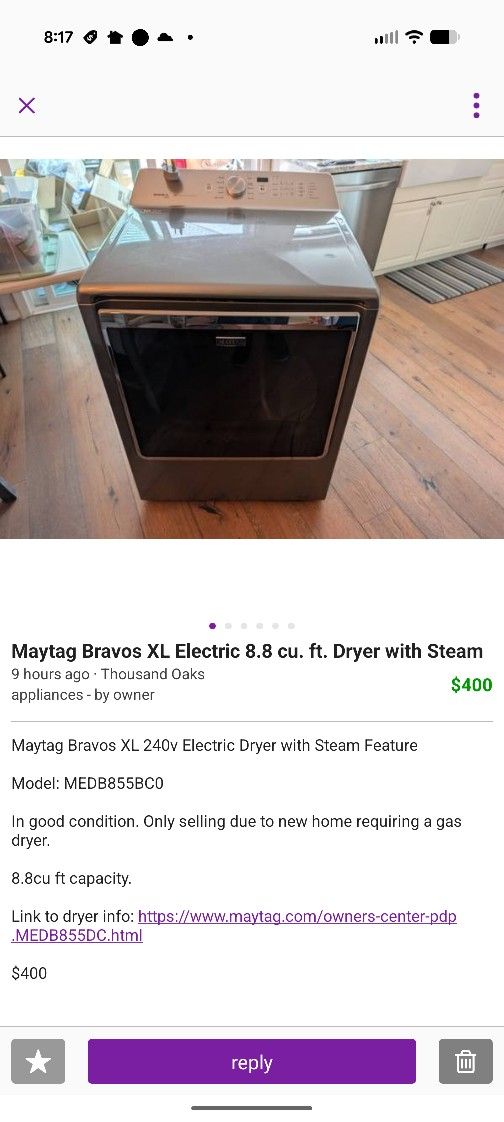 Maytag Bravos XL Electric 8.8 Cu. Ft. Dryer With Steam $400